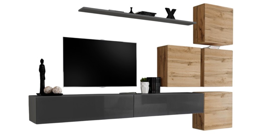 Ensemble meuble salon mural SWITCH IX design, coloris gris brillant et chêne Wotan.