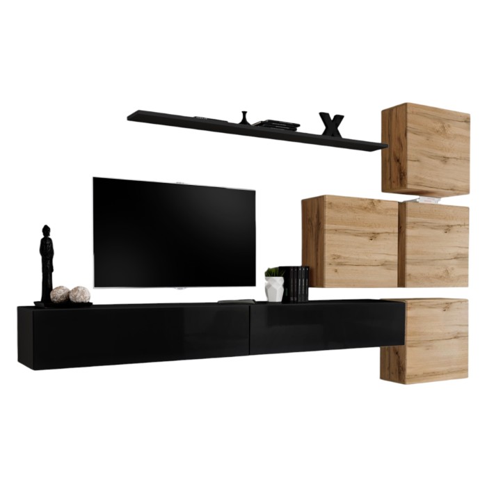 Ensemble meuble salon mural SWITCH IX design, coloris noir brillant et chêne Wotan.