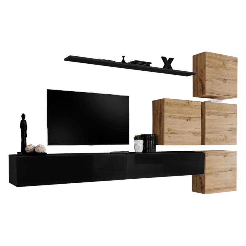 Ensemble meuble salon mural SWITCH IX design, coloris noir brillant et chêne Wotan.