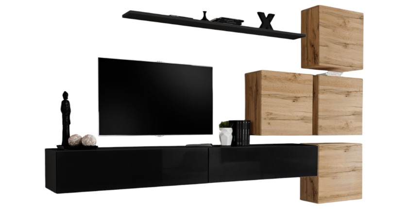 Ensemble meuble salon mural SWITCH IX design, coloris noir brillant et chêne Wotan.