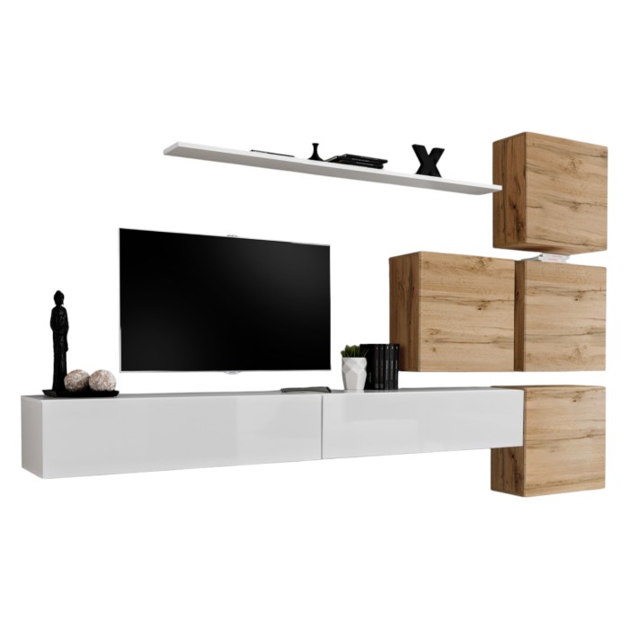 Ensemble meuble salon mural SWITCH IX design, coloris blanc brillant et chêne Wotan.