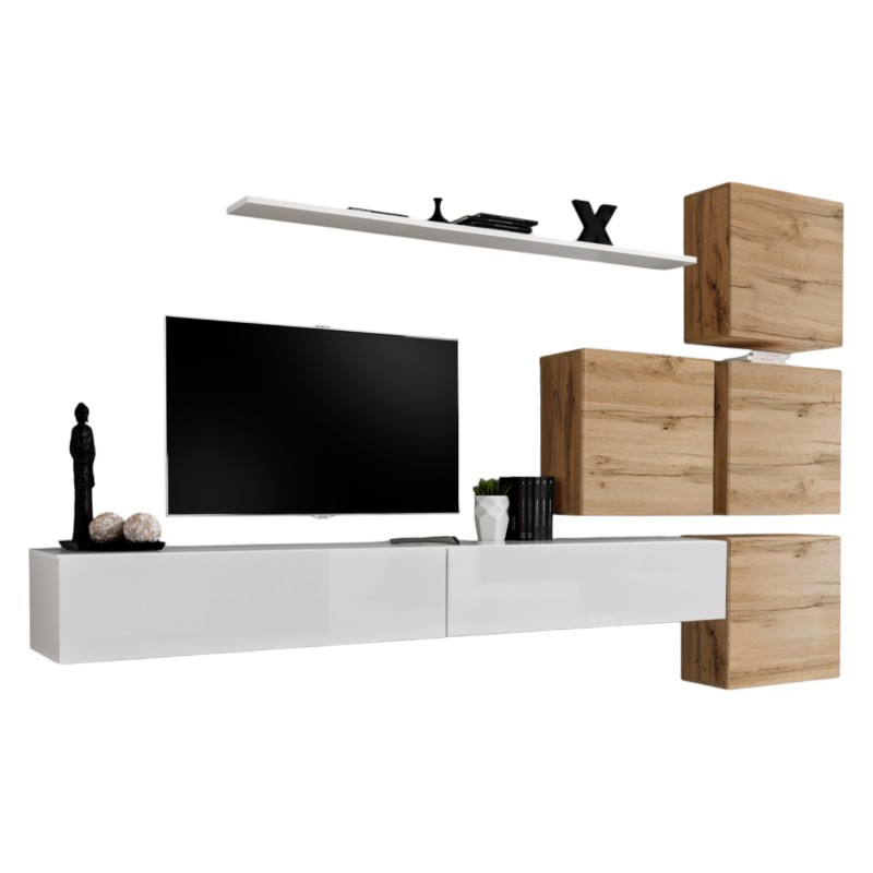 Ensemble meuble salon mural SWITCH IX design, coloris blanc brillant et chêne Wotan.