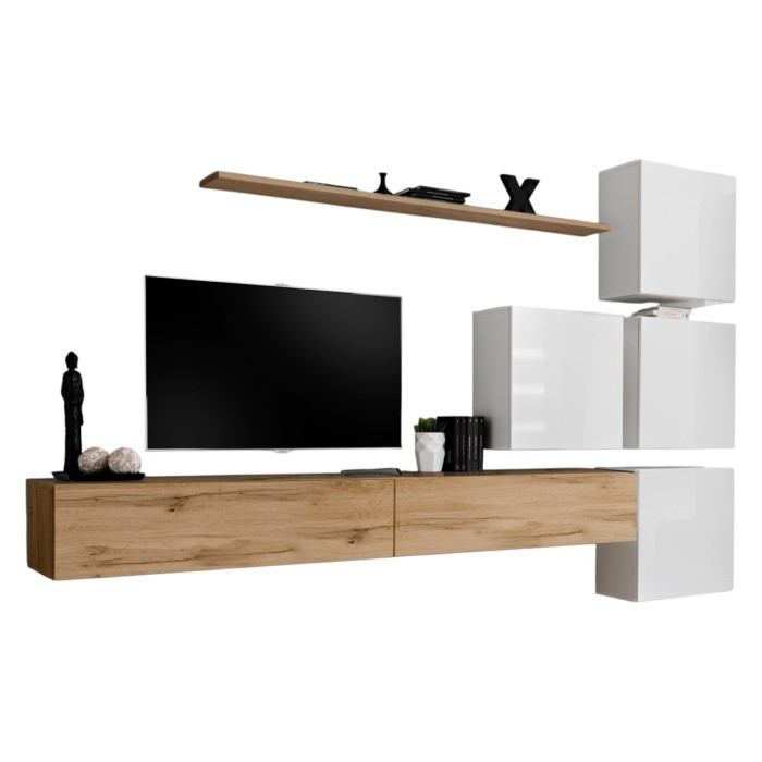 Ensemble meuble salon mural SWITCH IX design, coloris chêne Wotan et blanc brillant.