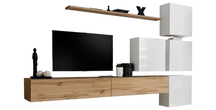 Ensemble meuble salon mural SWITCH IX design, coloris chêne Wotan et blanc brillant.