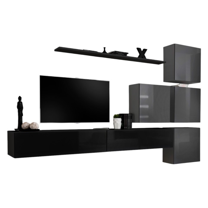Ensemble meuble salon mural SWITCH IX design, coloris noir et gris brillant.