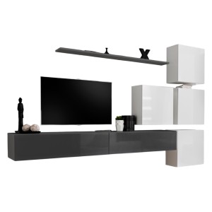 Ensemble meuble salon mural SWITCH IX design, coloris gris et blanc brillant.
