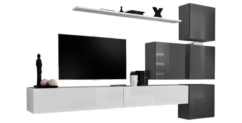 Ensemble meuble salon mural SWITCH IX design, coloris blanc et gris brillant.