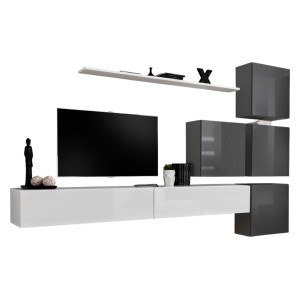 Ensemble meuble salon mural SWITCH IX design, coloris blanc et gris brillant.