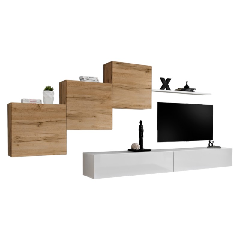 Ensemble meuble salon mural SWITCH X design, coloris blanc brillant et chêne Wotan.