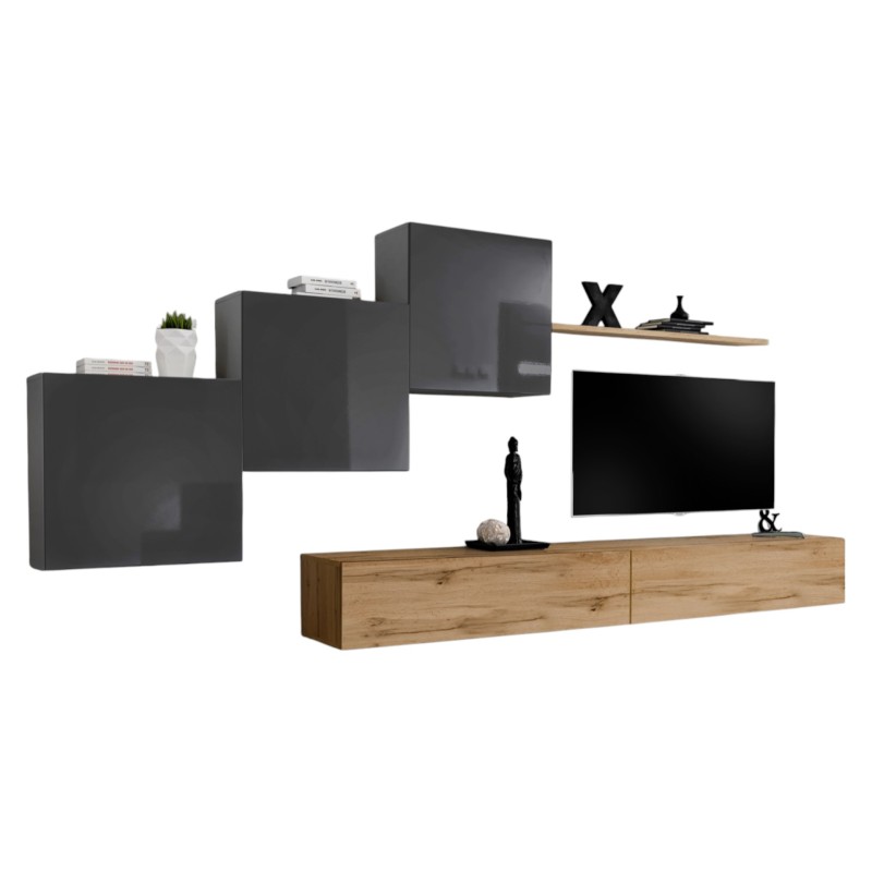Ensemble meuble salon mural SWITCH X design, coloris chêne Wotan et gris brillant.