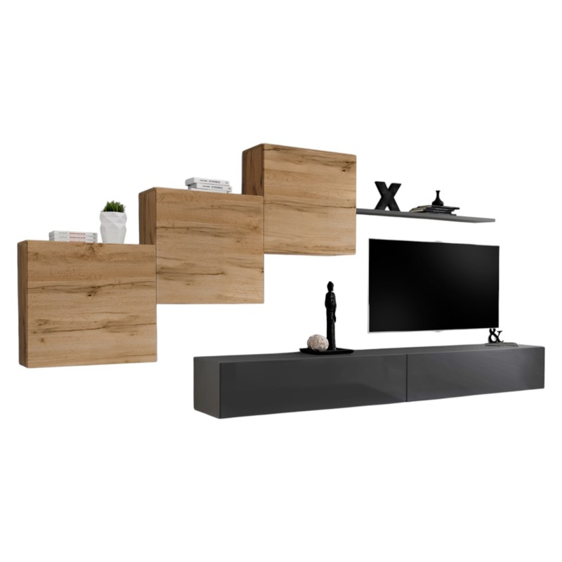 Ensemble meuble salon mural SWITCH X design, coloris gris brillant et chêne Wotan.