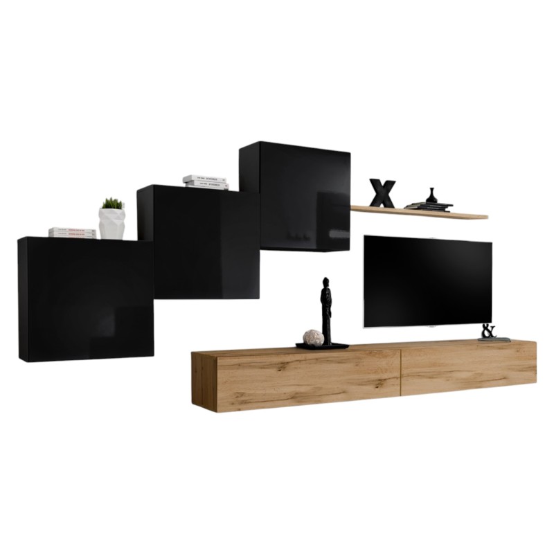 Ensemble meuble salon mural SWITCH X design, coloris chêne Wotan et noir brillant.
