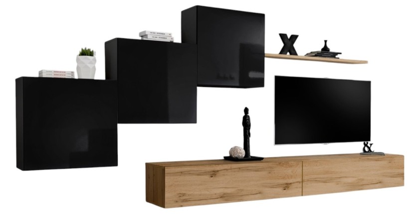 Ensemble meuble salon mural SWITCH X design, coloris chêne Wotan et noir brillant.