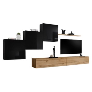 Ensemble meuble salon mural SWITCH X design, coloris chêne Wotan et noir brillant.