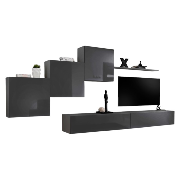 Ensemble meuble salon mural SWITCH X design, coloris gris brillant.