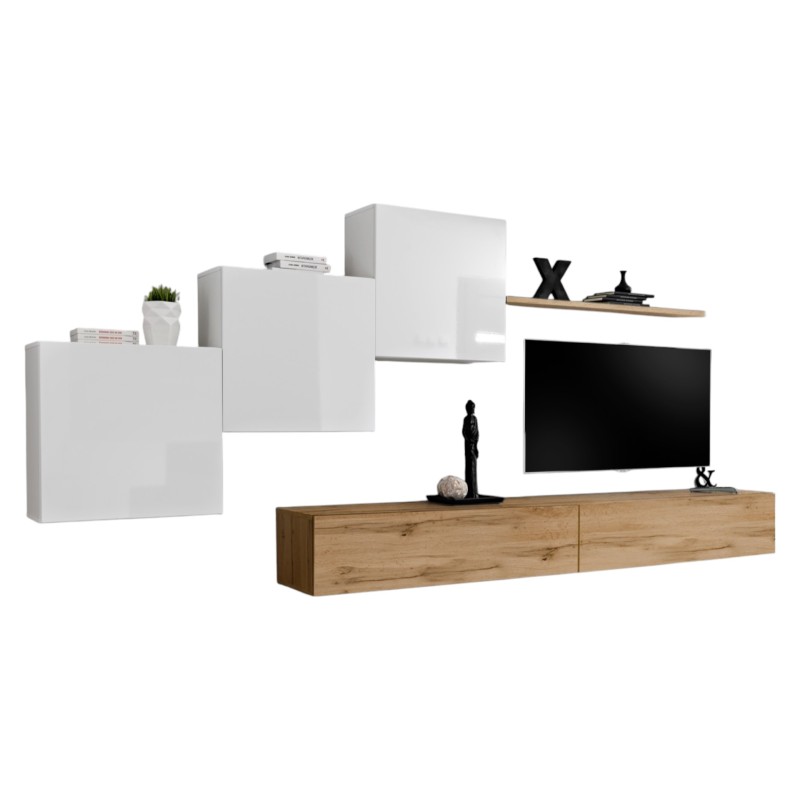 Ensemble meuble salon mural SWITCH X design, coloris chêne Wotan et blanc brillant.