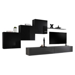 Ensemble meuble salon mural SWITCH X design, coloris gris et noir brillant.