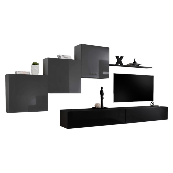 Ensemble meuble salon mural SWITCH X design, coloris noir et gris brillant.