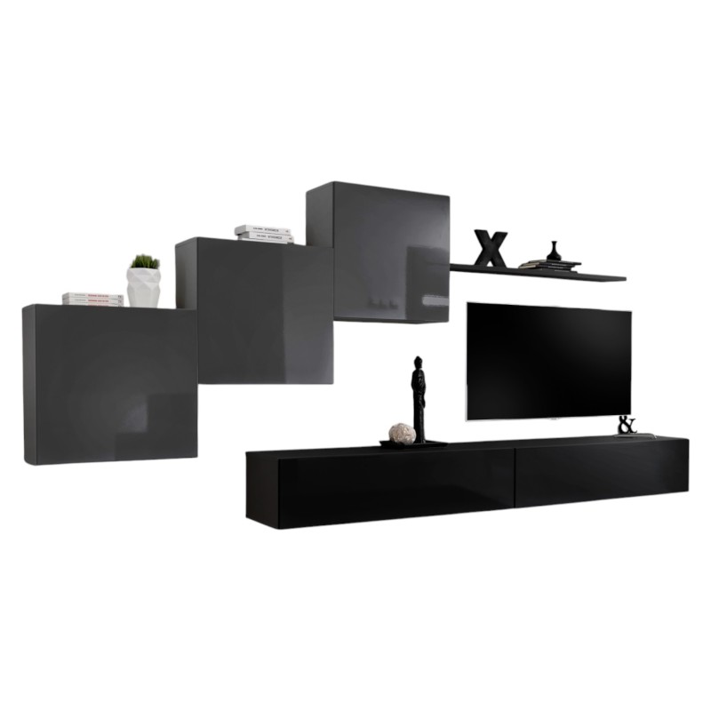 Ensemble meuble salon mural SWITCH X design, coloris noir et gris brillant.