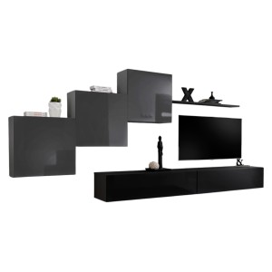 Ensemble meuble salon mural SWITCH X design, coloris noir et gris brillant.