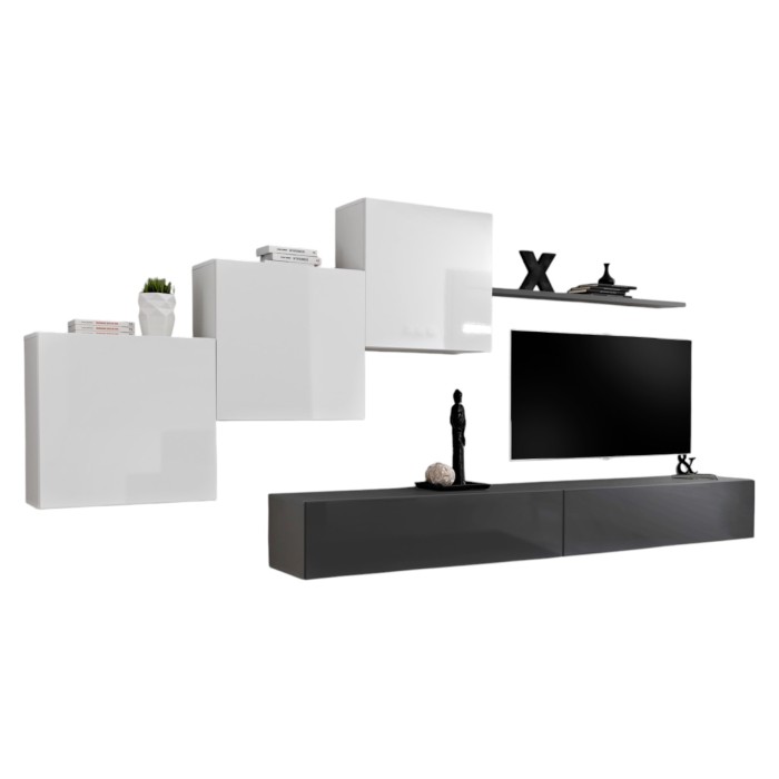 Ensemble meuble salon mural SWITCH X design, coloris gris et blanc brillant.