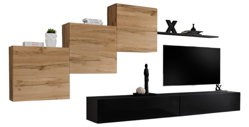 Ensemble meuble salon mural SWITCH X design, coloris noir brillant et chêne Wotan.
