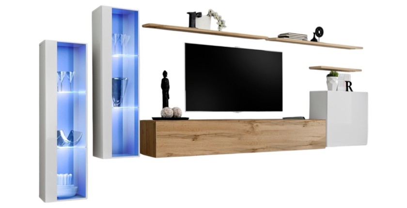 Ensemble meuble salon mural SWITCH XI design, coloris chêne Wotan et blanc brillant.