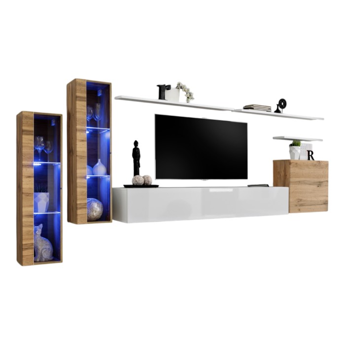 Ensemble meuble salon mural SWITCH XI design, coloris blanc brillant et chêne Wotan.