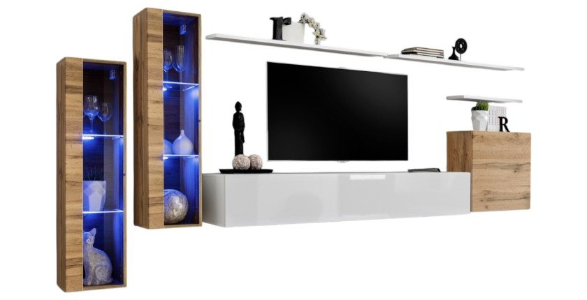 Ensemble meuble salon mural SWITCH XI design, coloris blanc brillant et chêne Wotan.