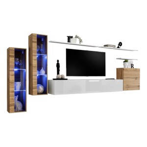Ensemble meuble salon mural SWITCH XI design, coloris blanc brillant et chêne Wotan.