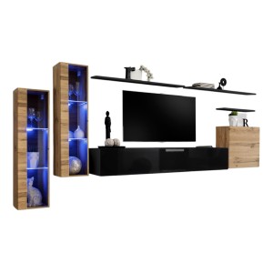 Ensemble meuble salon mural SWITCH XI design, coloris noir brillant et chêne Wotan.