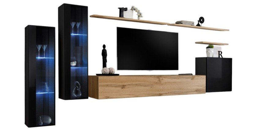 Ensemble meuble salon mural SWITCH XI design, coloris chêne Wotan et noir brillant.