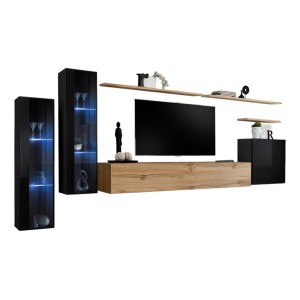 Ensemble meuble salon mural SWITCH XI design, coloris chêne Wotan et noir brillant.
