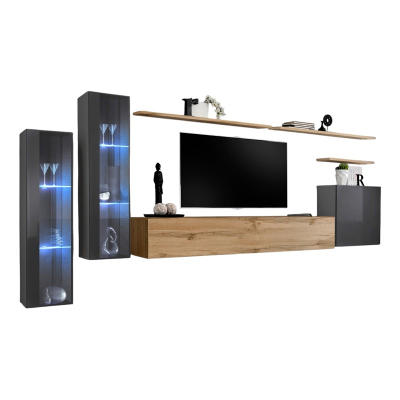 Ensemble meuble salon mural SWITCH XI design, coloris chêne Wotan et gris brillant.