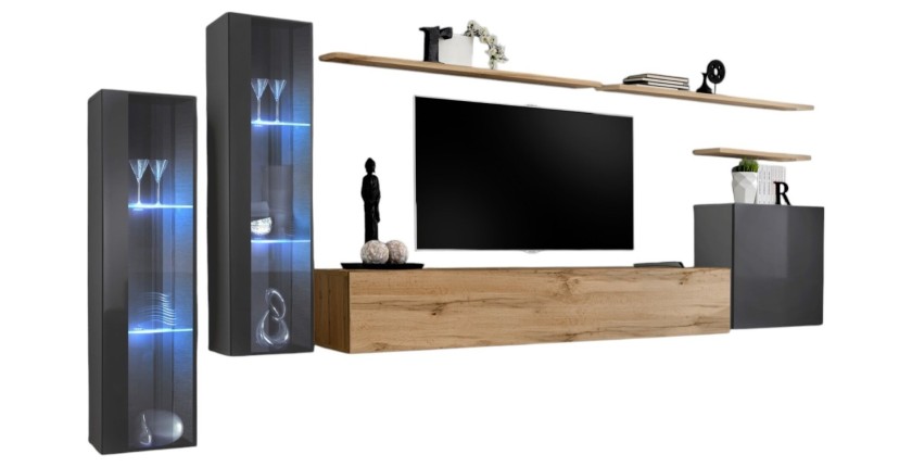 Ensemble meuble salon mural SWITCH XI design, coloris chêne Wotan et gris brillant.