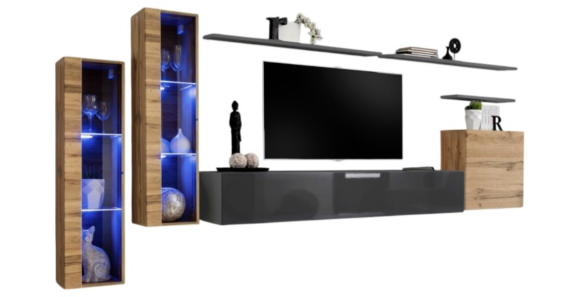 Ensemble meuble salon mural SWITCH XI design, coloris gris brillant et chêne Wotan.