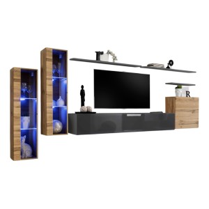Ensemble meuble salon mural SWITCH XI design, coloris gris brillant et chêne Wotan.