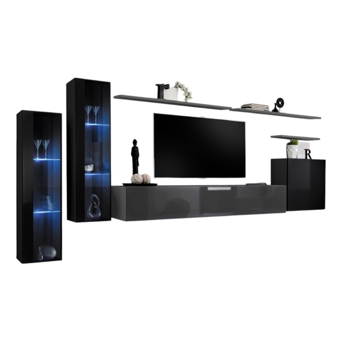 Ensemble meuble salon mural SWITCH XI design, coloris gris brillant et noir brillant.