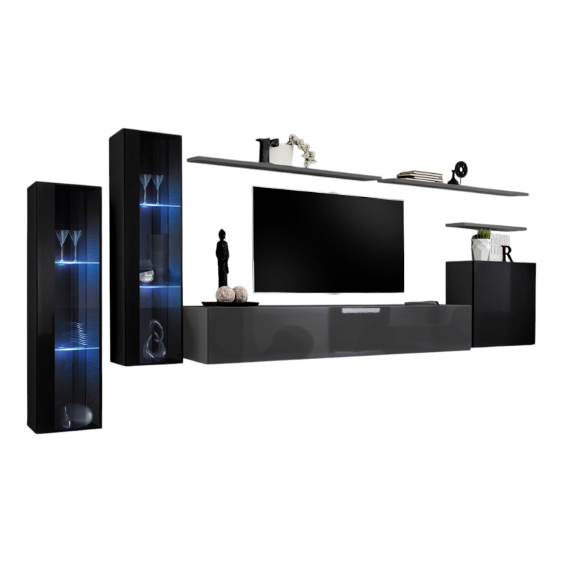 Ensemble meuble salon mural SWITCH XI design, coloris gris brillant et noir brillant.