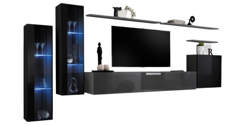 Ensemble meuble salon mural SWITCH XI design, coloris gris brillant et noir brillant.