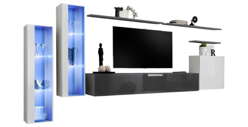 Ensemble meuble salon mural SWITCH XI design, coloris gris brillant et blanc brillant.