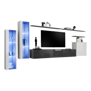Ensemble meuble salon mural SWITCH XI design, coloris gris brillant et blanc brillant.