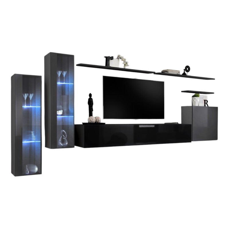Ensemble meuble salon mural SWITCH XI design, coloris noir brillant et gris brillant.