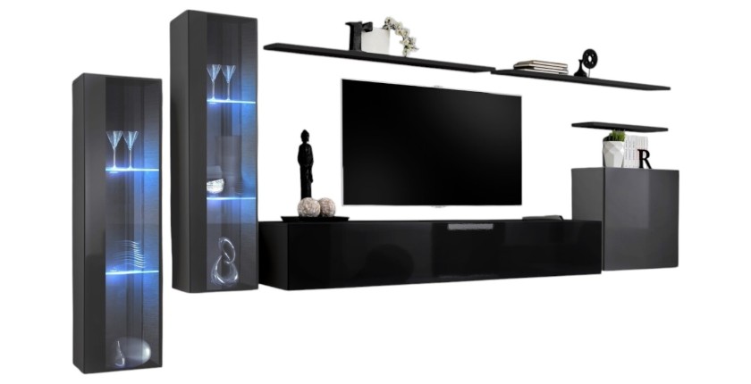 Ensemble meuble salon mural SWITCH XI design, coloris noir brillant et gris brillant.