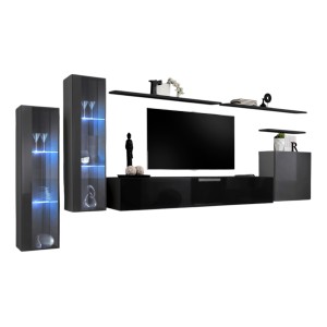 Ensemble meuble salon mural SWITCH XI design, coloris noir brillant et gris brillant.