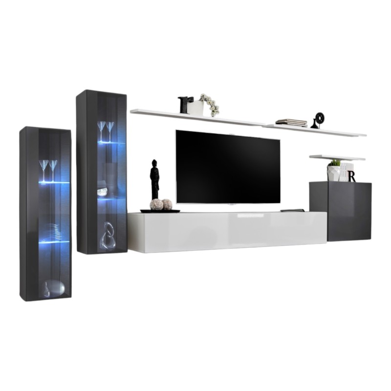 Ensemble meuble salon mural SWITCH XI design, coloris blanc brillant et gris brillant.