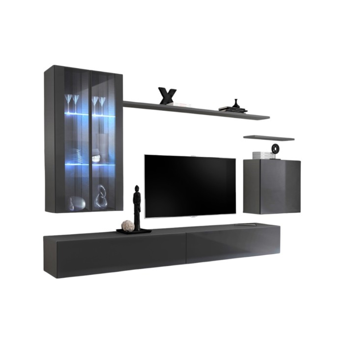 Ensemble meuble salon mural SWITCH XII design, coloris gris brillant.