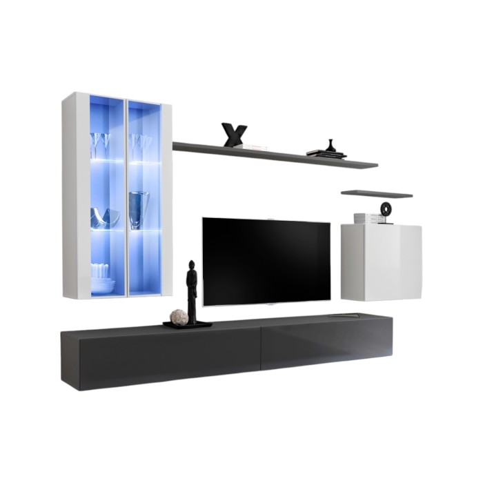 Ensemble meuble salon mural SWITCH XII design, coloris gris et blanc brillant.