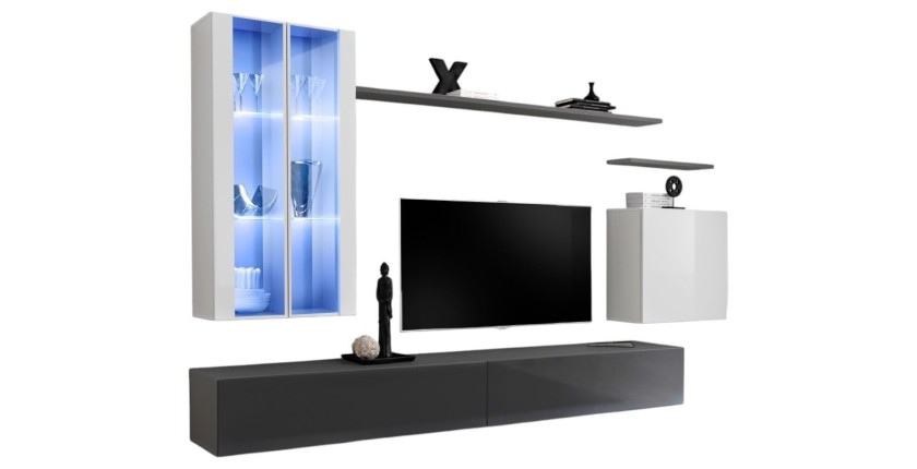 Ensemble meuble salon mural SWITCH XII design, coloris gris et blanc brillant.