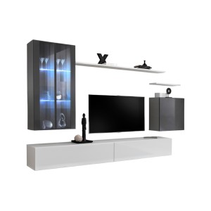 Ensemble meuble salon mural SWITCH XII design, coloris blanc et gris brillant.